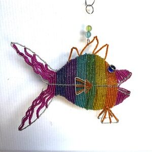 B NWT 11” long rainbow fish green pink figurine glass beads orange purple blue